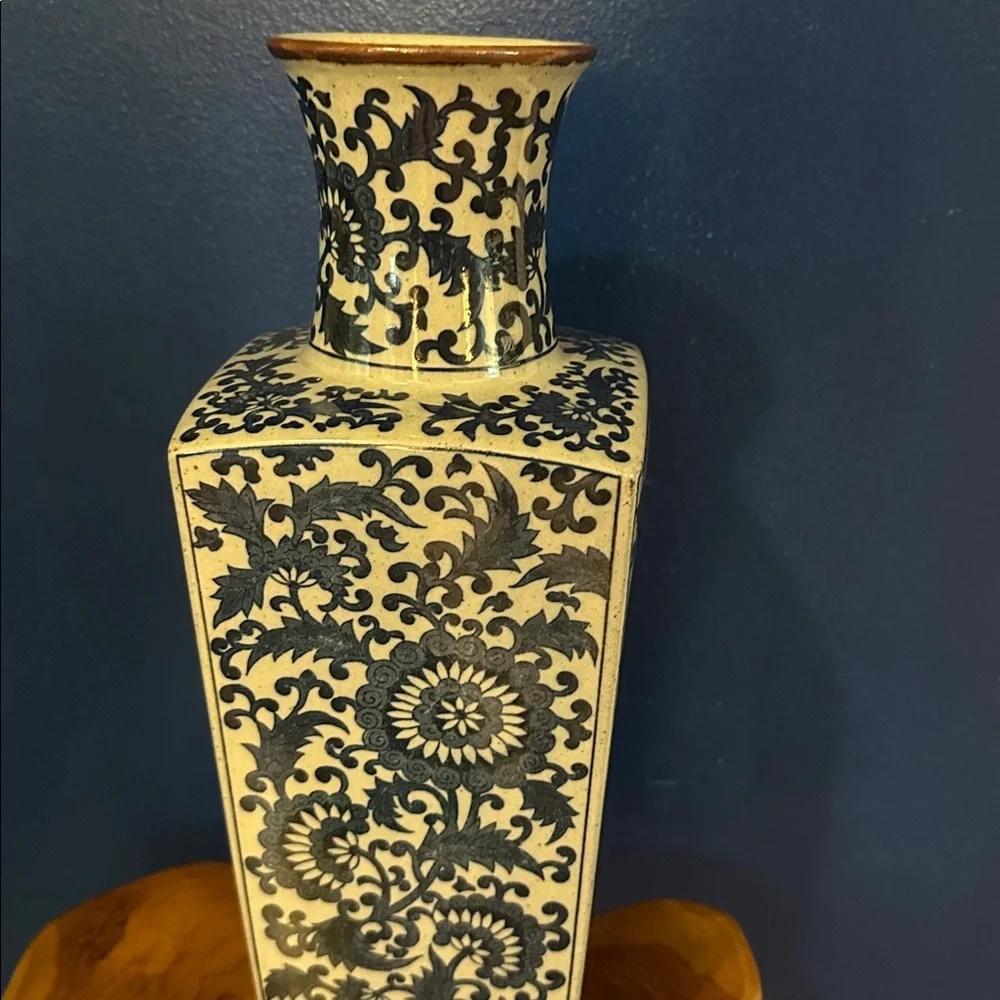 Vintage Takahashi Japanese Blue Floral Vase - Greek Key Design along Base 14”